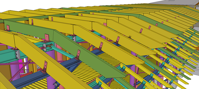 3D rendering of a complex wooden roof structure with various colored beams and supports.