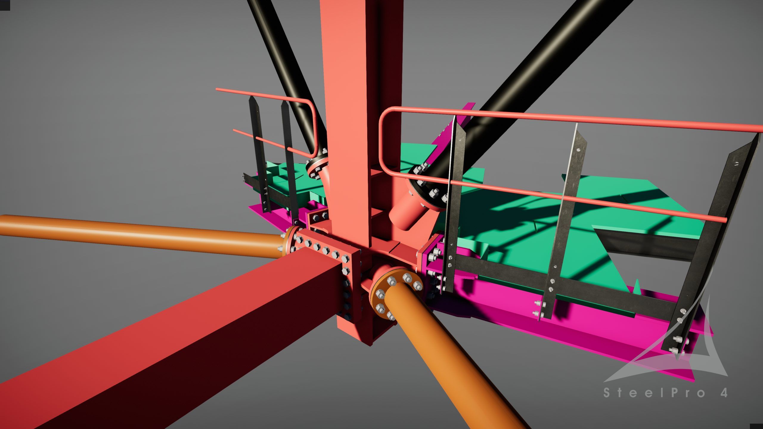 A 3D rendering of a steel structure with red, orange, black, green, and pink components.
