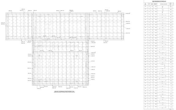 Architectural drawing of a rebar placement plan with a corresponding bar bending schedule.
