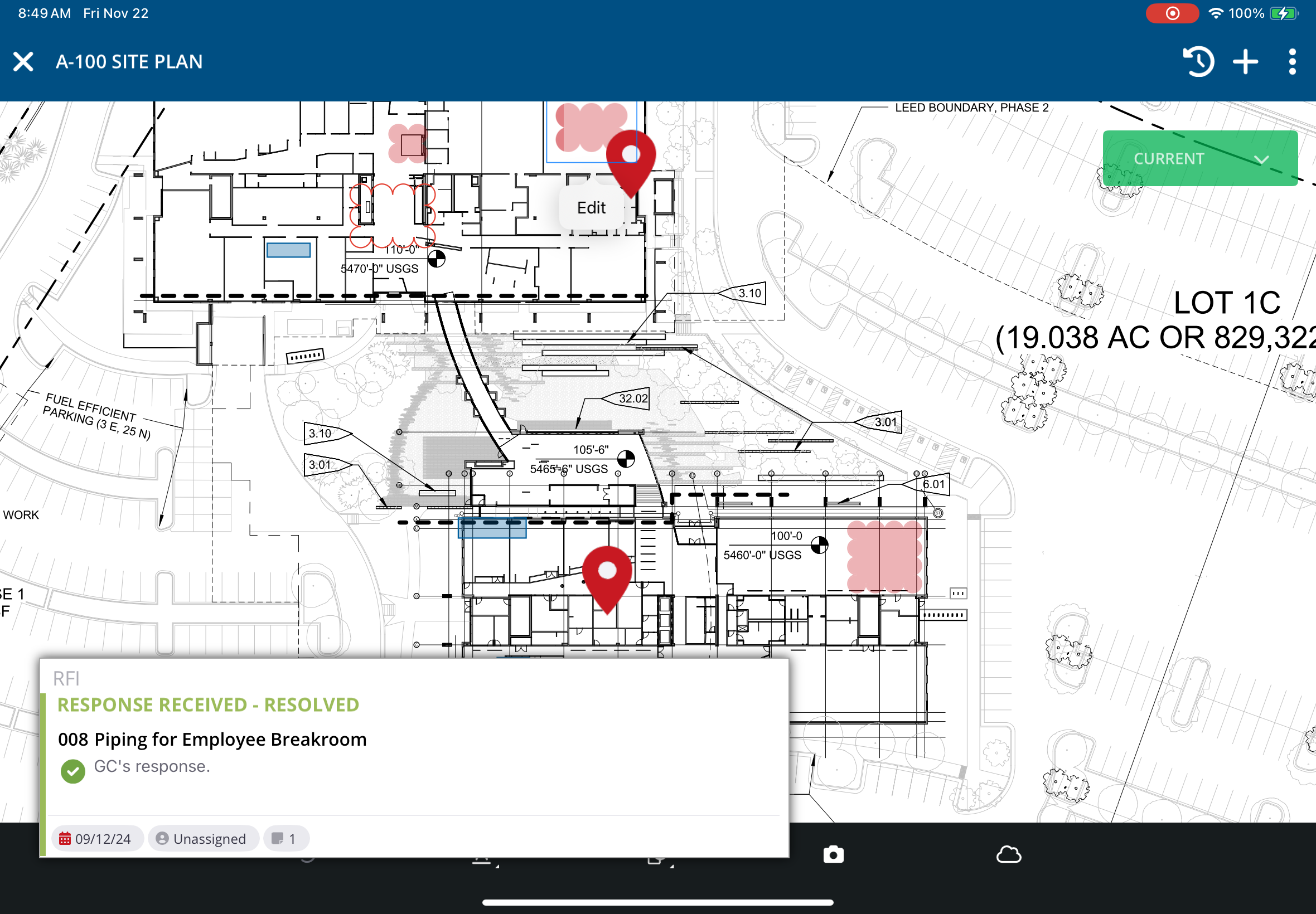 View of the tablet drawing viewer in ProjectSight showing a detailed map and a pop-up box showing a resolved comment.