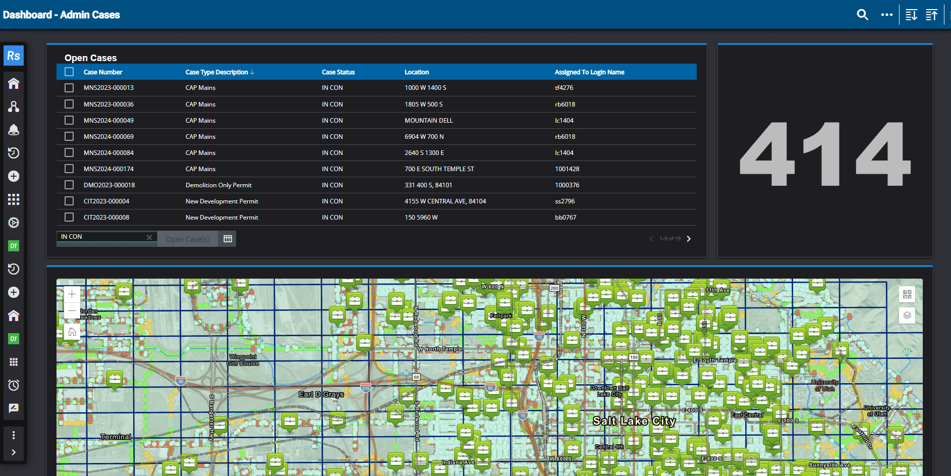 Dashboard showing 414 open cases with a map displaying case locations.