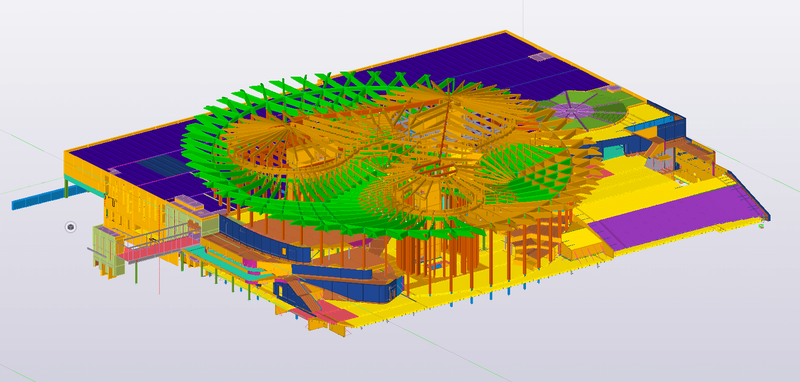 3D model of a large building with a complex, circular, green-latticed roof structure.