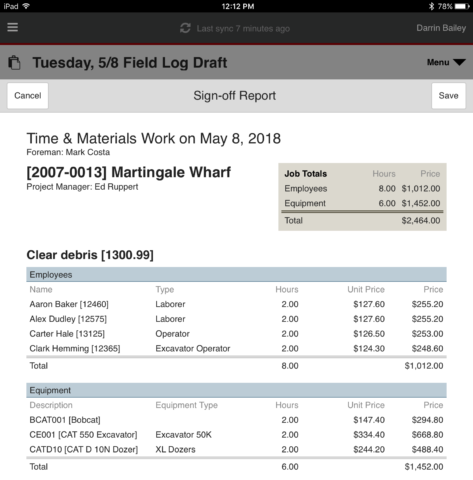 Field Log Draft showing a Time & Materials Work report for Martingale Wharf with a breakdown of employee hours & costs and equipment hours and costs.