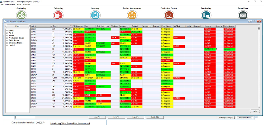 Screenshot of a production status dashboard showing a table with job numbers, quantities, and progress statuses indicated by color-coded cells.