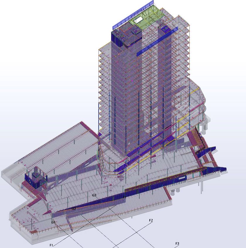 3D BIM model of a skyscraper under construction, showcasing its steel framework and foundational structure.