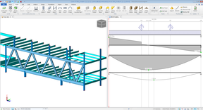 Structural analysis software showing a bridge model and load diagrams.