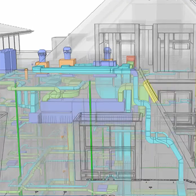 3D rendering of a building's HVAC system, showcasing pipes, vents, and machinery in blue, teal, and green.