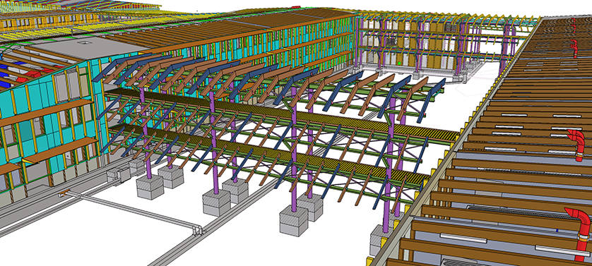 3D model of a multi-story building under construction, showcasing exposed wooden beams and support structures.