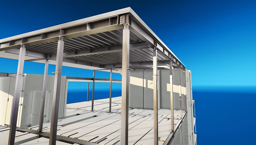 A rendering of a steel-framed building structure with a bright blue sky and horizon line.