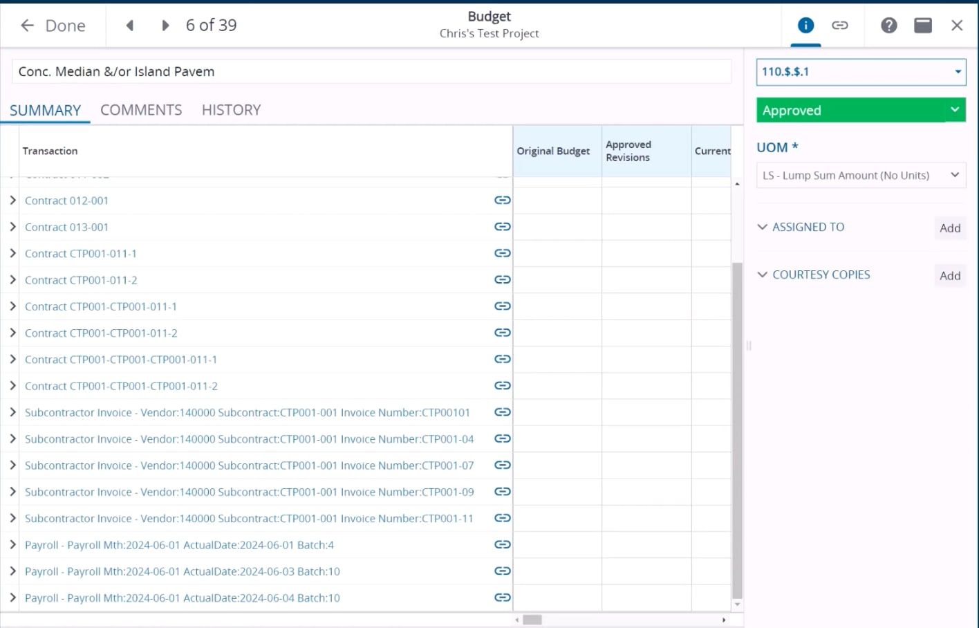 Screenshot of a project budget screen showing contracts and transactions with approved status.