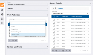 Screenshot of the OpX platform showing project details, work activities, and assets.