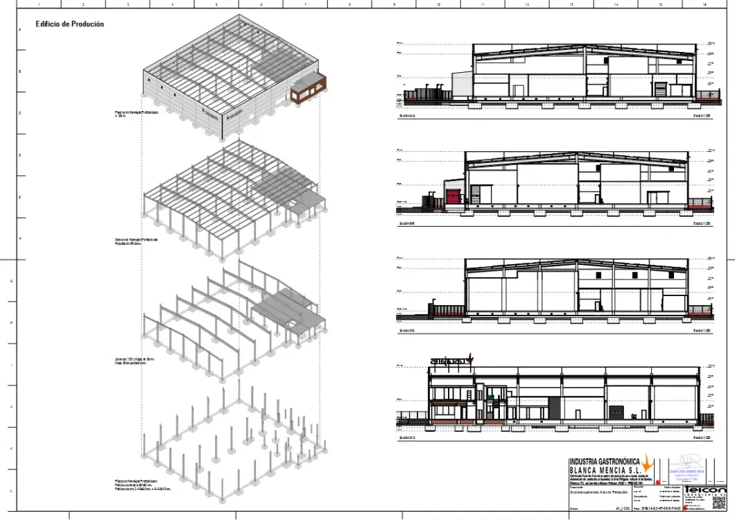 2D drawings of the phases, structures and sections of the production plant model in LayOut.