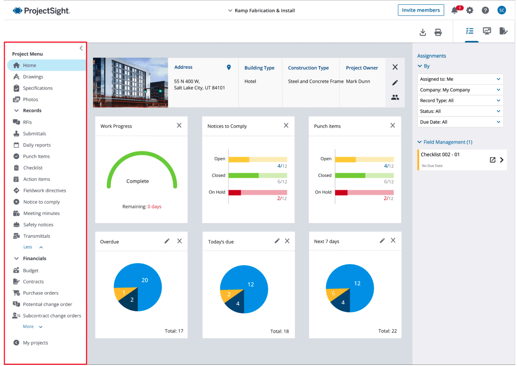 ProjectSight dashboard showing project menu, work progress, and assigned tasks.