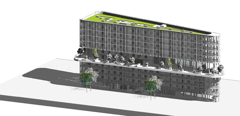3D rendering of a modern, multi-story building with a green roof and balconies, surrounded by stylized trees.