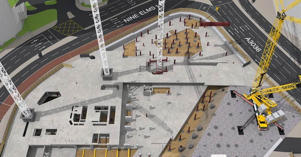 3D rendering of a construction site with cranes and concrete foundations.