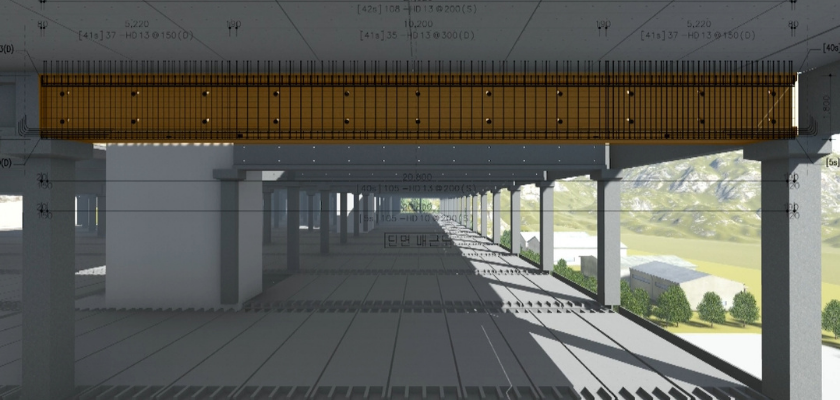 3D rendering of a building's interior showing a large steel beam with reinforcing bars, supported by concrete columns, with blueprints overlaid.
