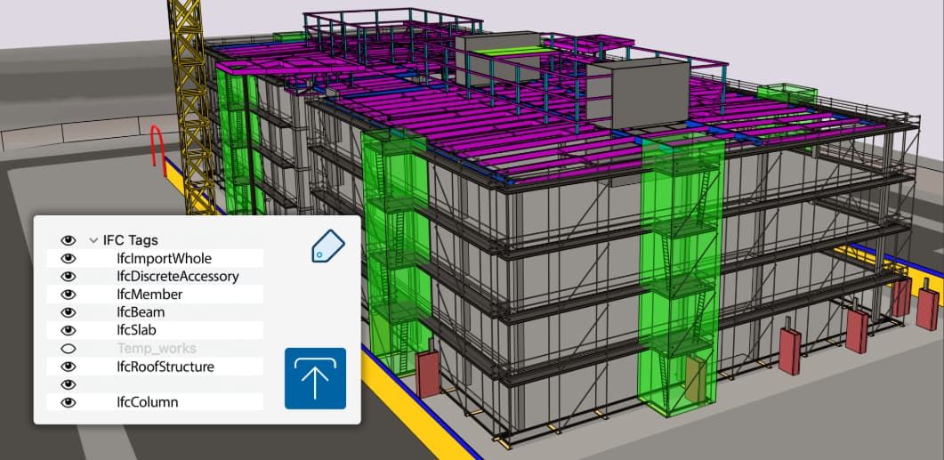 An IFC file showing a building framing exterior imported into SketchUp with a screen callout showing IFC classes as SketchUp