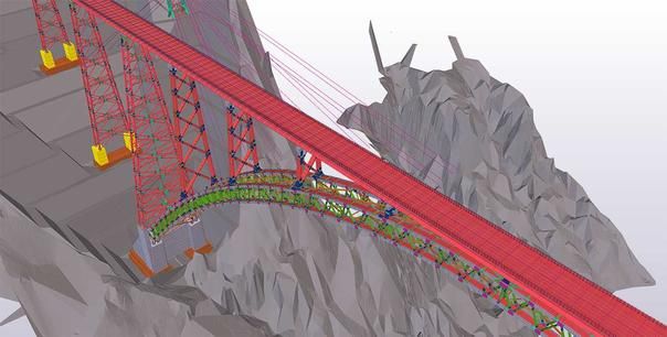 Tekla 3D rendering shows the Chenab Bridge model, with its red upper arch and its green lower arch visible below.