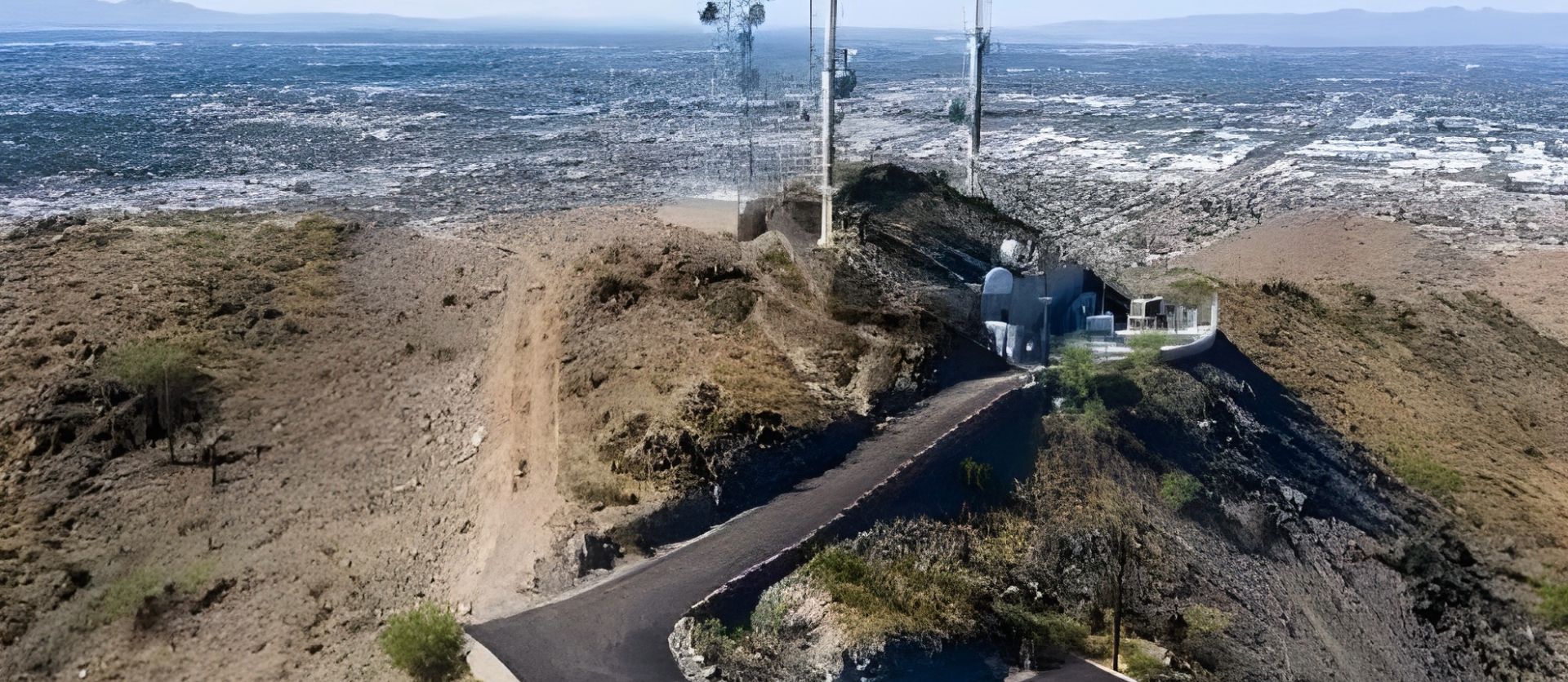 A paved road leads to several tall communication towers atop North Mountain in Phoenix, Arizona.