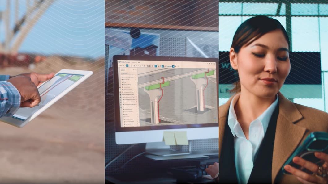 Split screen of workers using a tablet and phone, and a desktop showing a 3D bridge infrastructure model.