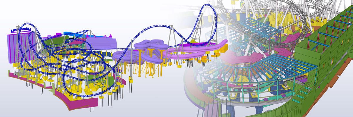Tekla 3D model of a roller coaster and Ferris wheel, showing complex track designs and structural elements.