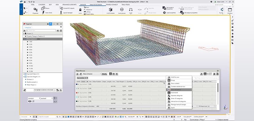Tekla Structures Organizer and Object Browser can be used to manage and colour rebar sequences