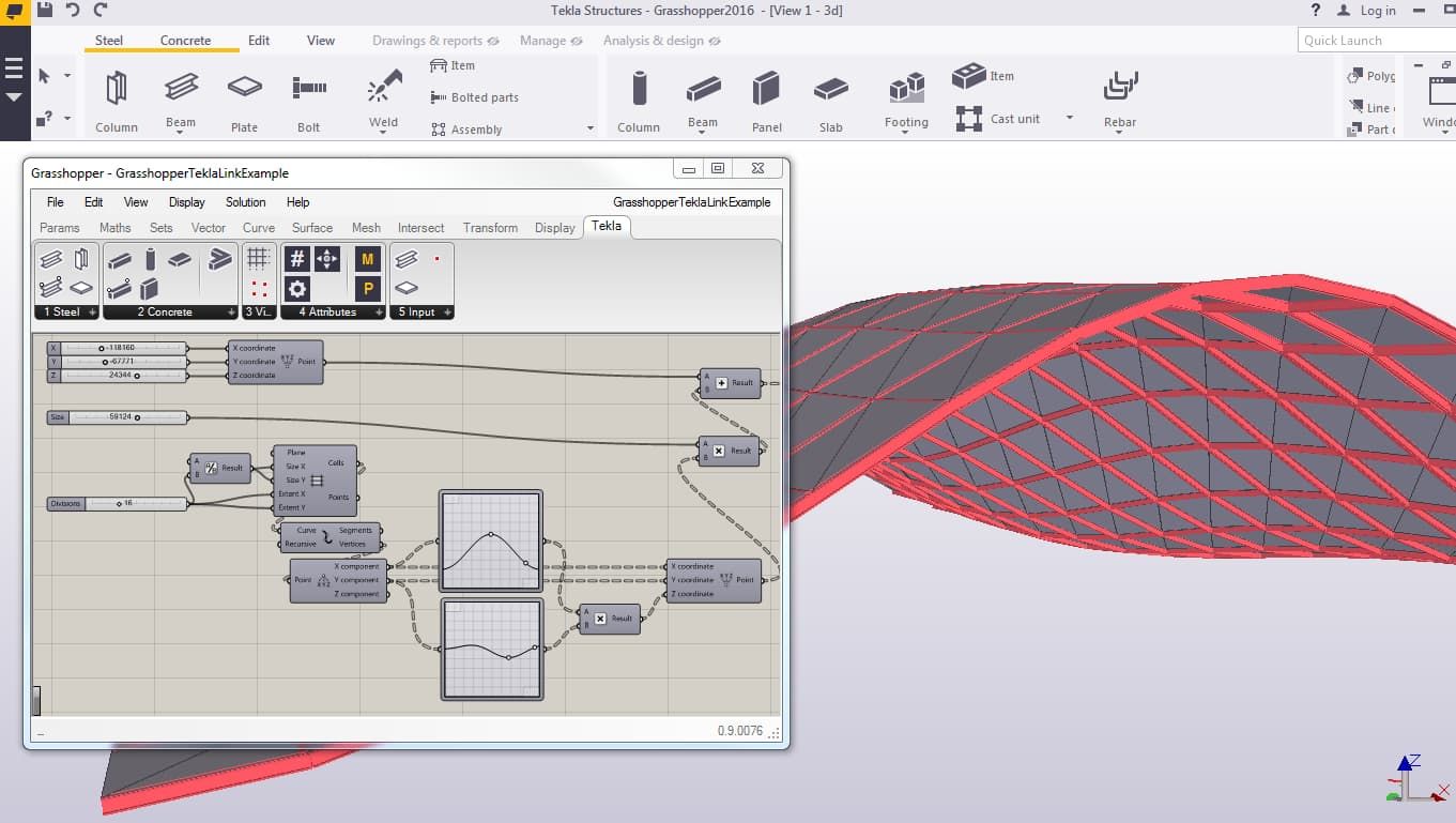 Tekla Structures user interface showing the Grasshopper link