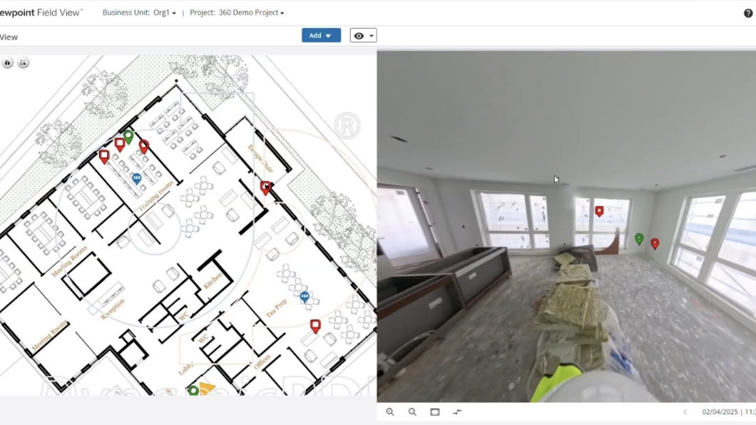 Trimble Viewpoint Field View shows a construction floor plan with pins on the left and a 360-degree photo of an unfinished room on the right.