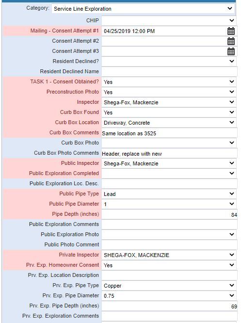 Service Line Exploration form showing details on pipe type, diameter, depth, and inspector names.