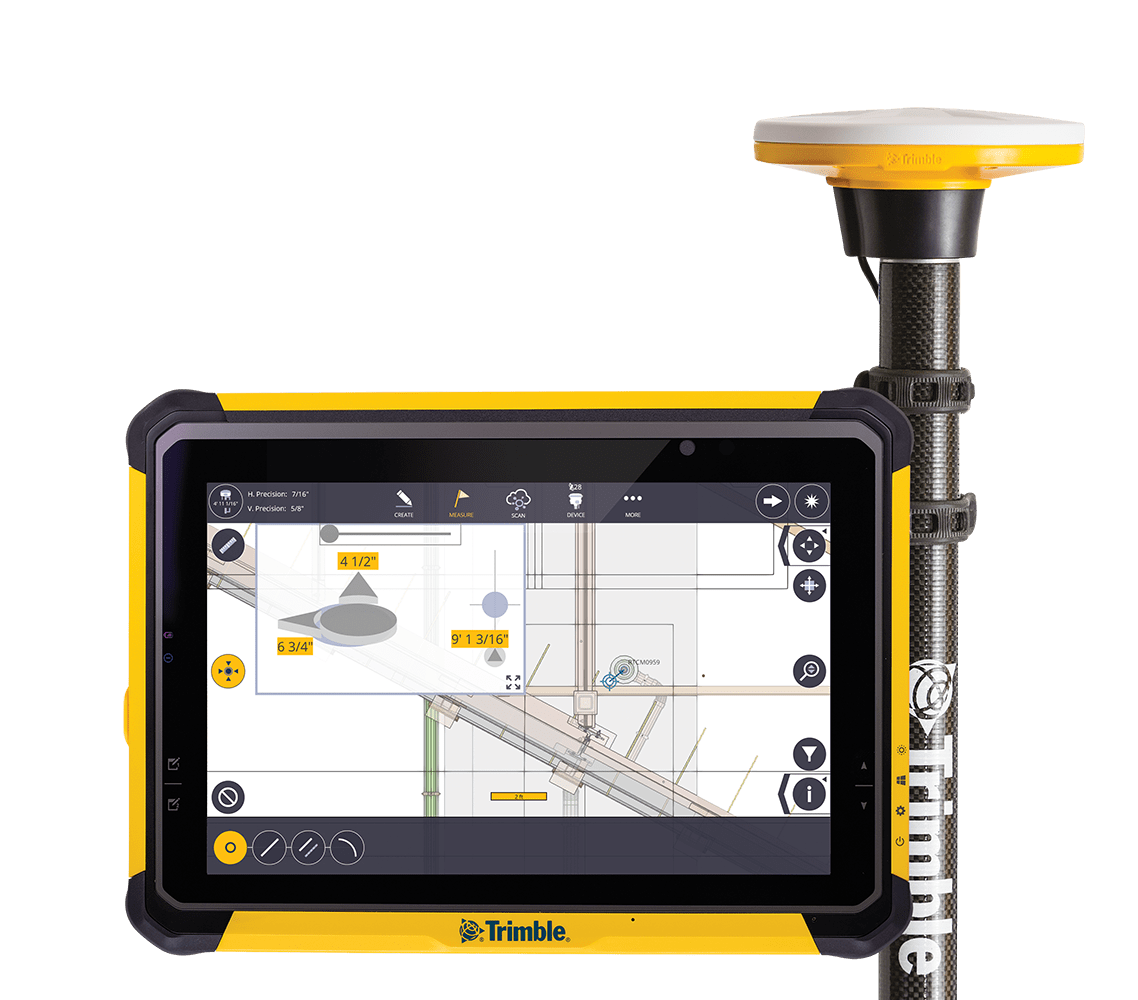 Trimble rugged tablet with GPS receiver displays construction plans.