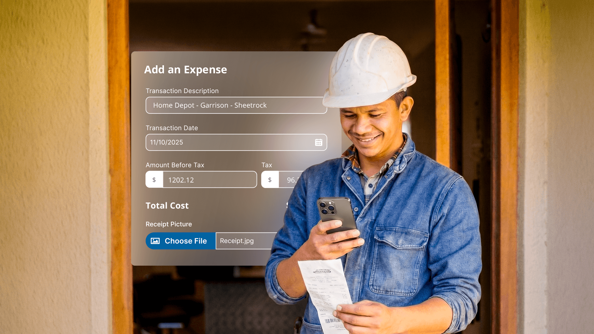 A smiling male worker in a hard hat holds a receipt and smartphone next to an expense form overlay.