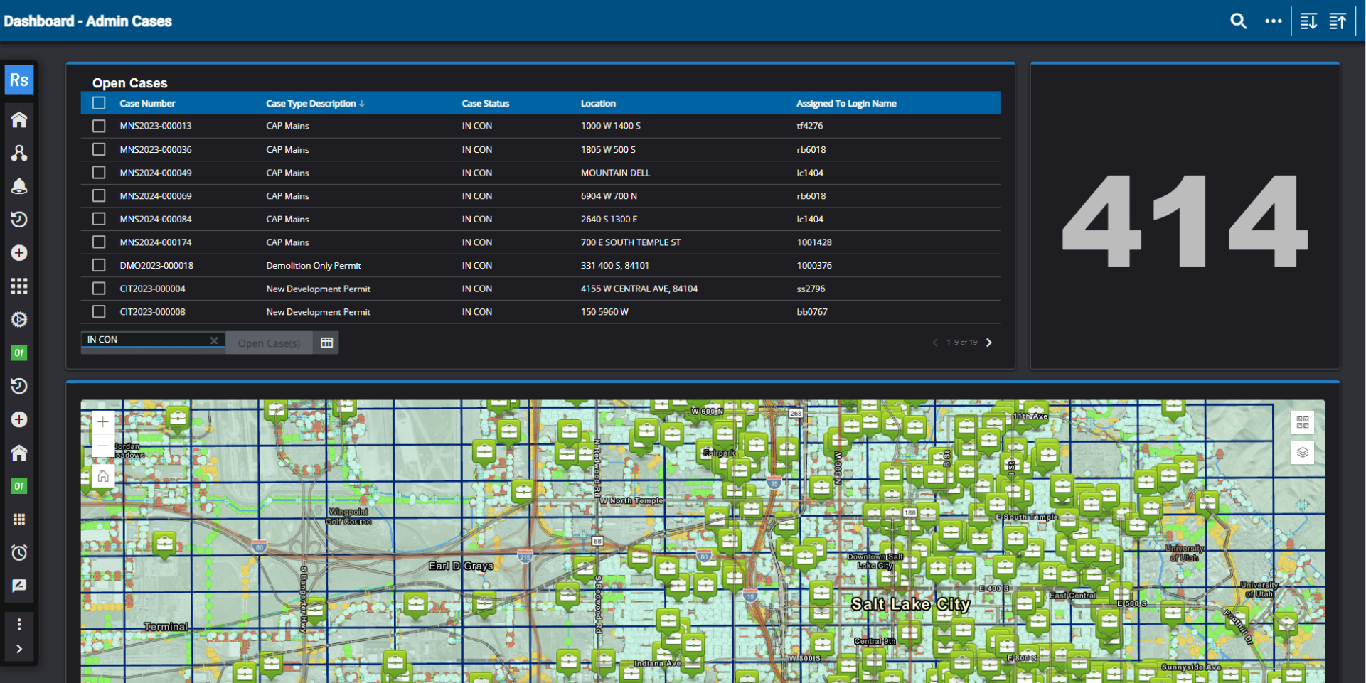 A Trimble Cityworks dashboard displays open cases and their corresponding location on an interactive map.