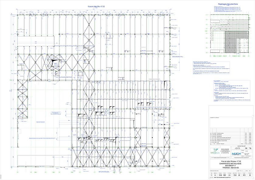 Architectural blueprint of a metal structure showing floor plan, bracing, and support beams.