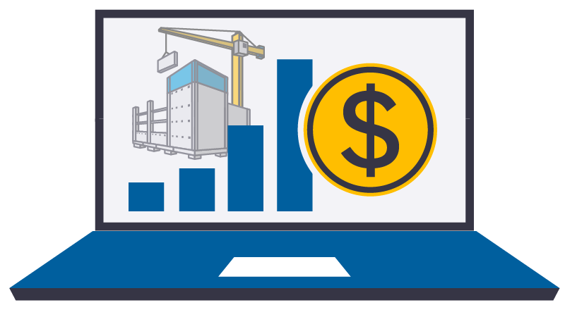 Illustration of a laptop screen displaying a bar graph with a construction crane, shipping container, and a dollar coin icon.
