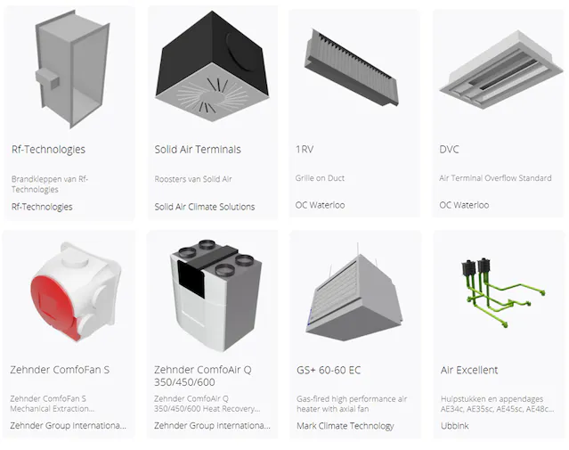 A grid of eight product images, each with a title, subtitle, and company name. The products are related to air management systems.