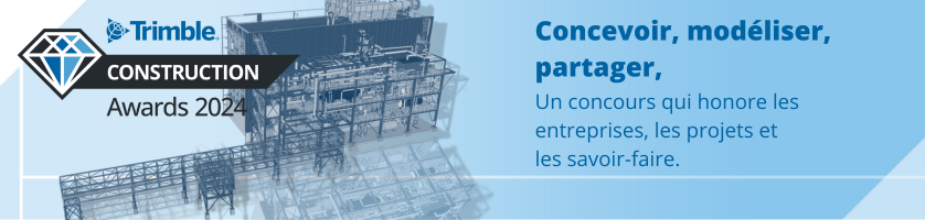 Trimble Construction Awards 2024 banner with a 3D architectural rendering and French text.