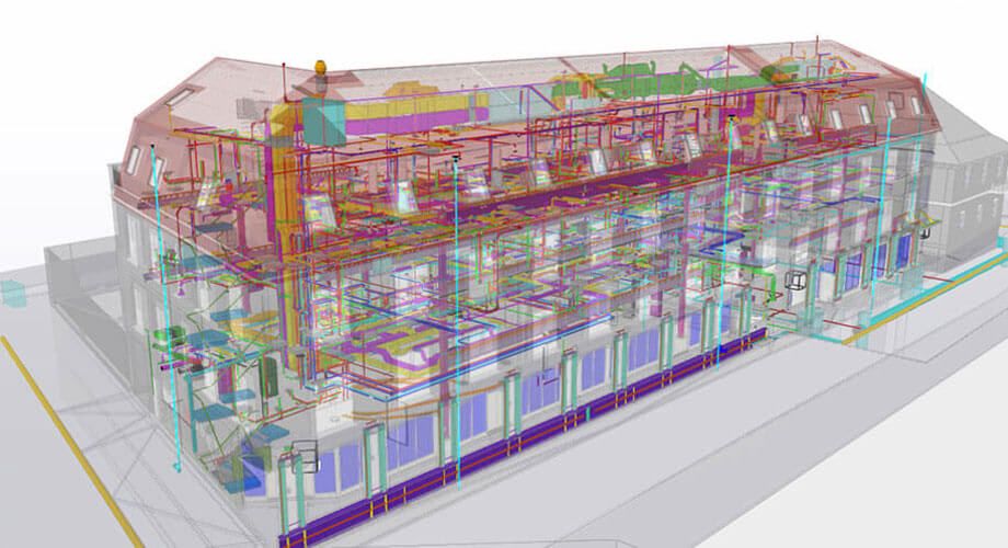 Ansicht des Modells "Neubau Anker-Arkaden" in Trimble Connect mit Wasser-, Abwasser-, BelĂĽftungs- und EntlĂĽftungsleitungen.
