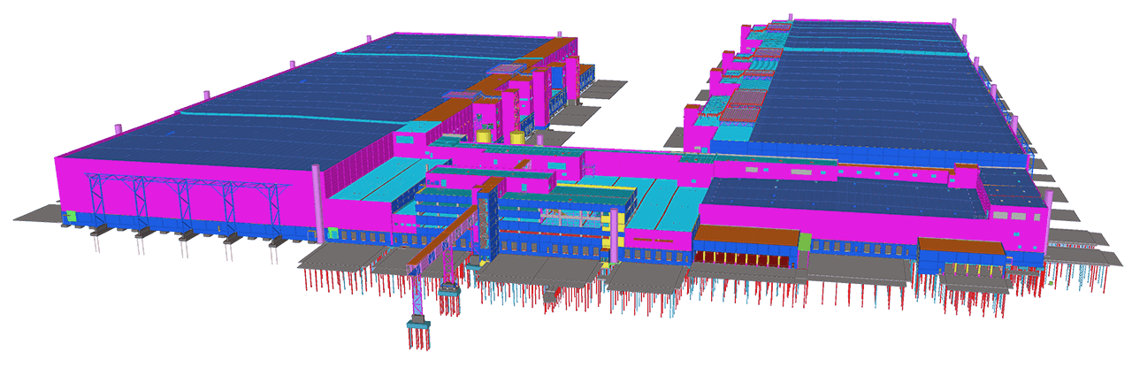 A colorful 3D rendering of a large, modern building with a dark background.