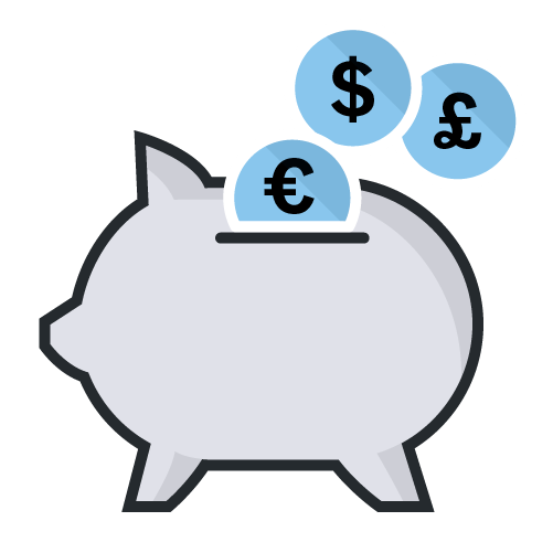 A gray piggy bank with three coins going into its slot: a euro coin, a dollar coin, and a pound coin.