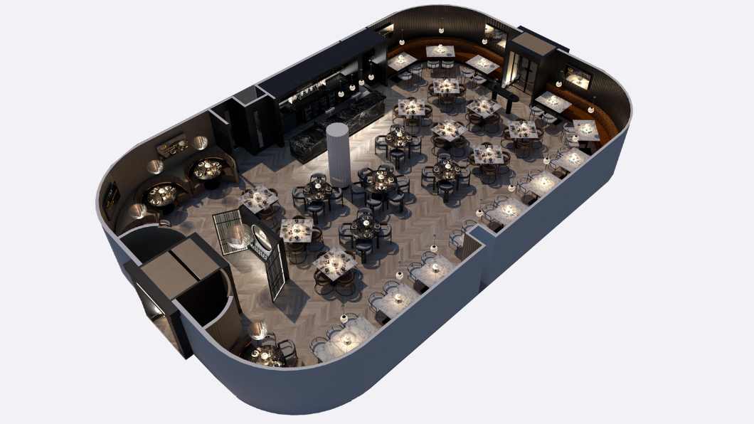 A SketchUp 3D isometric floor plan showing the full layout and furniture arrangement of the JAL Lounge at Anfield.