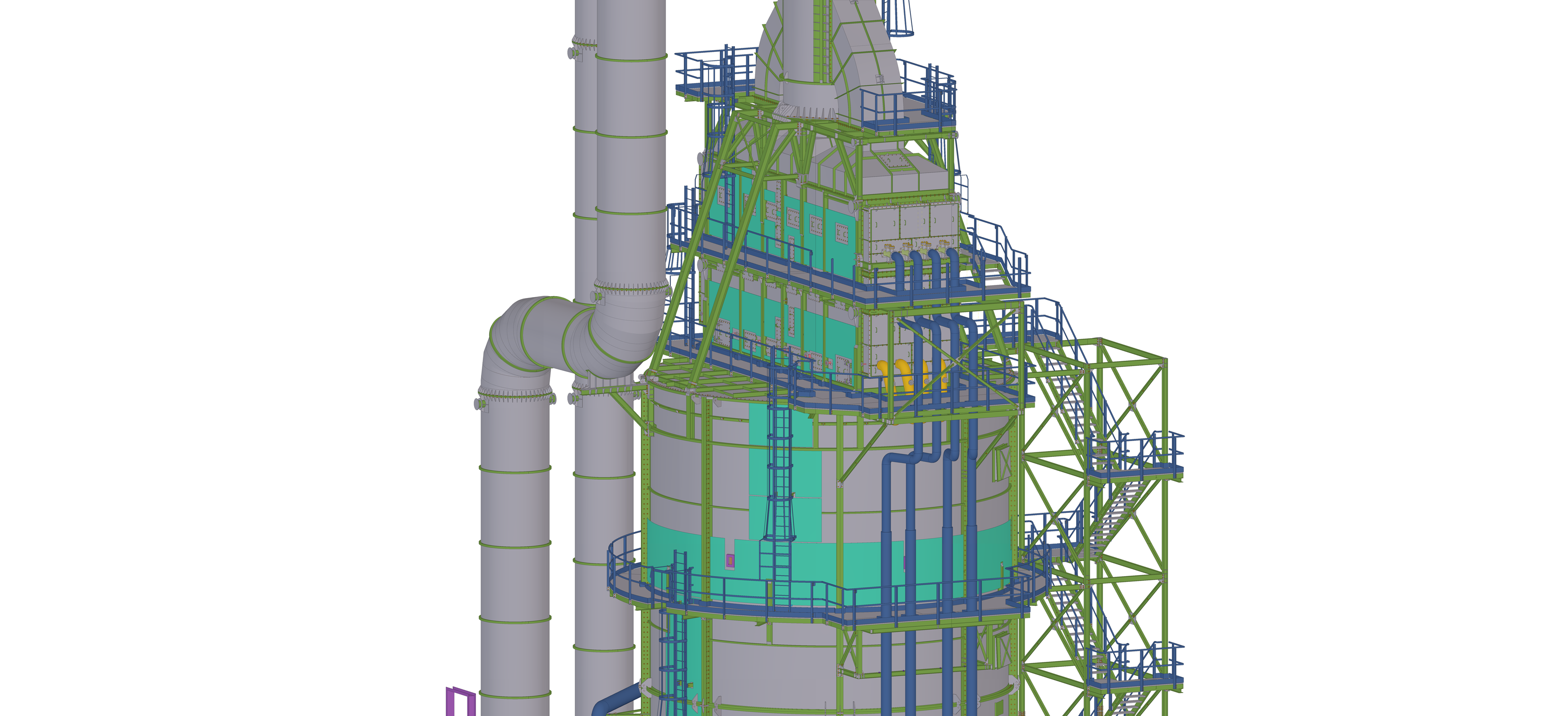 3D model of a large industrial processing tower with pipes and external walkways.