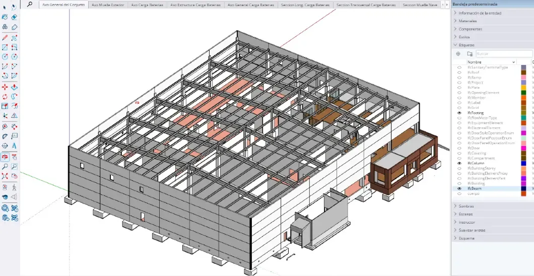 3D model in SketchUp showing the IFC classification entities of the production plant.