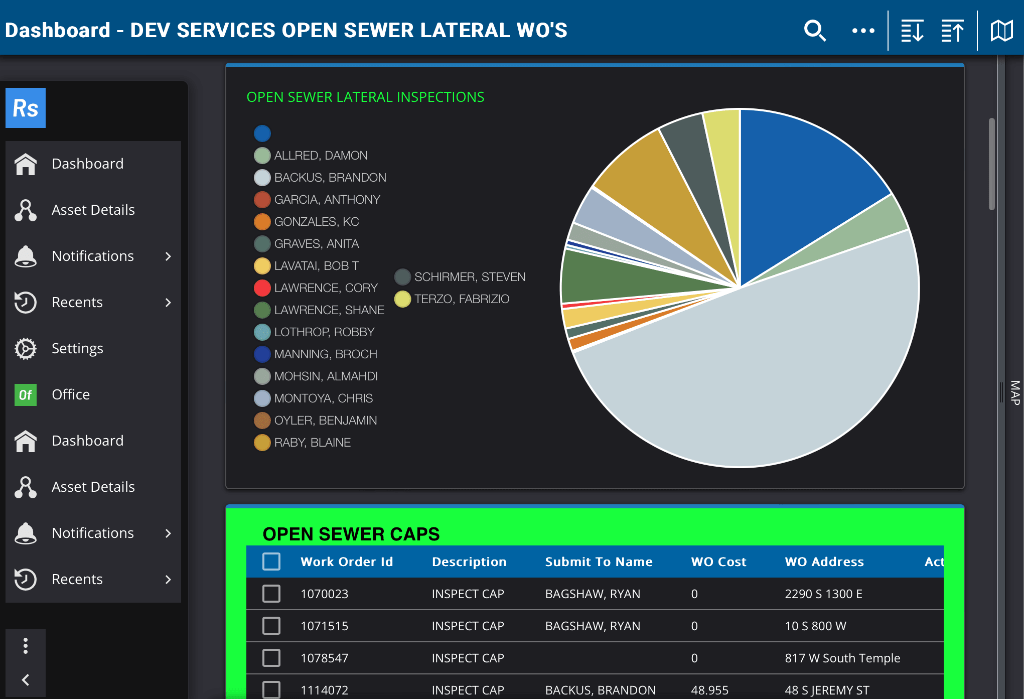 Dashboard showing open sewer lateral inspections and open sewer caps with data and a pie chart.