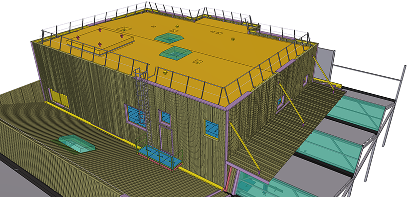 3D model of a building under construction with wooden exterior walls, a yellow roof with skylights, and scaffolding.