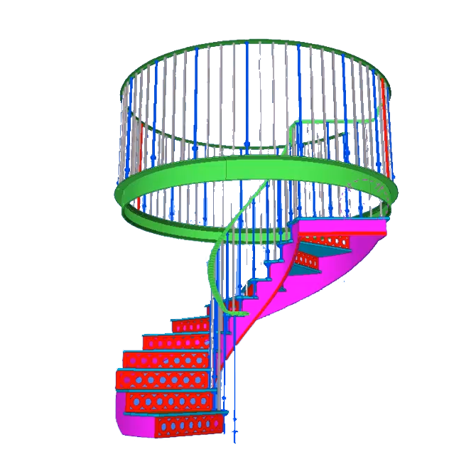 3D model of a spiral staircase with bright pink steps and a green handrail.
