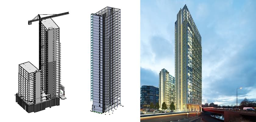 An architectural rendering shows a comparison of the construction process and the final product of a skyscraper.