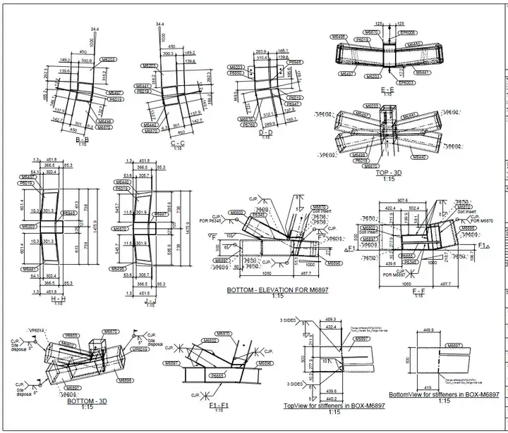 Blueprint showing various detailed technical drawings and schematics of a mechanical component.
