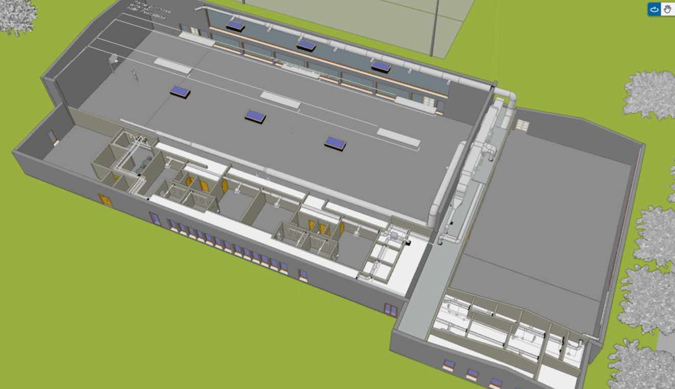 3D model of a building with internal layout visible, showing rooms, ductwork, and roof features.