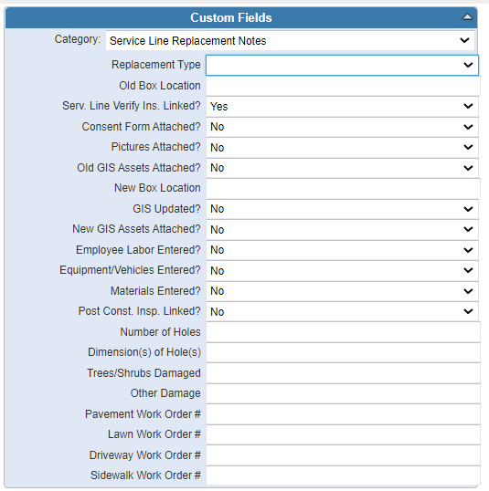Service Line Replacement custom fields form, with many fields set to No.
