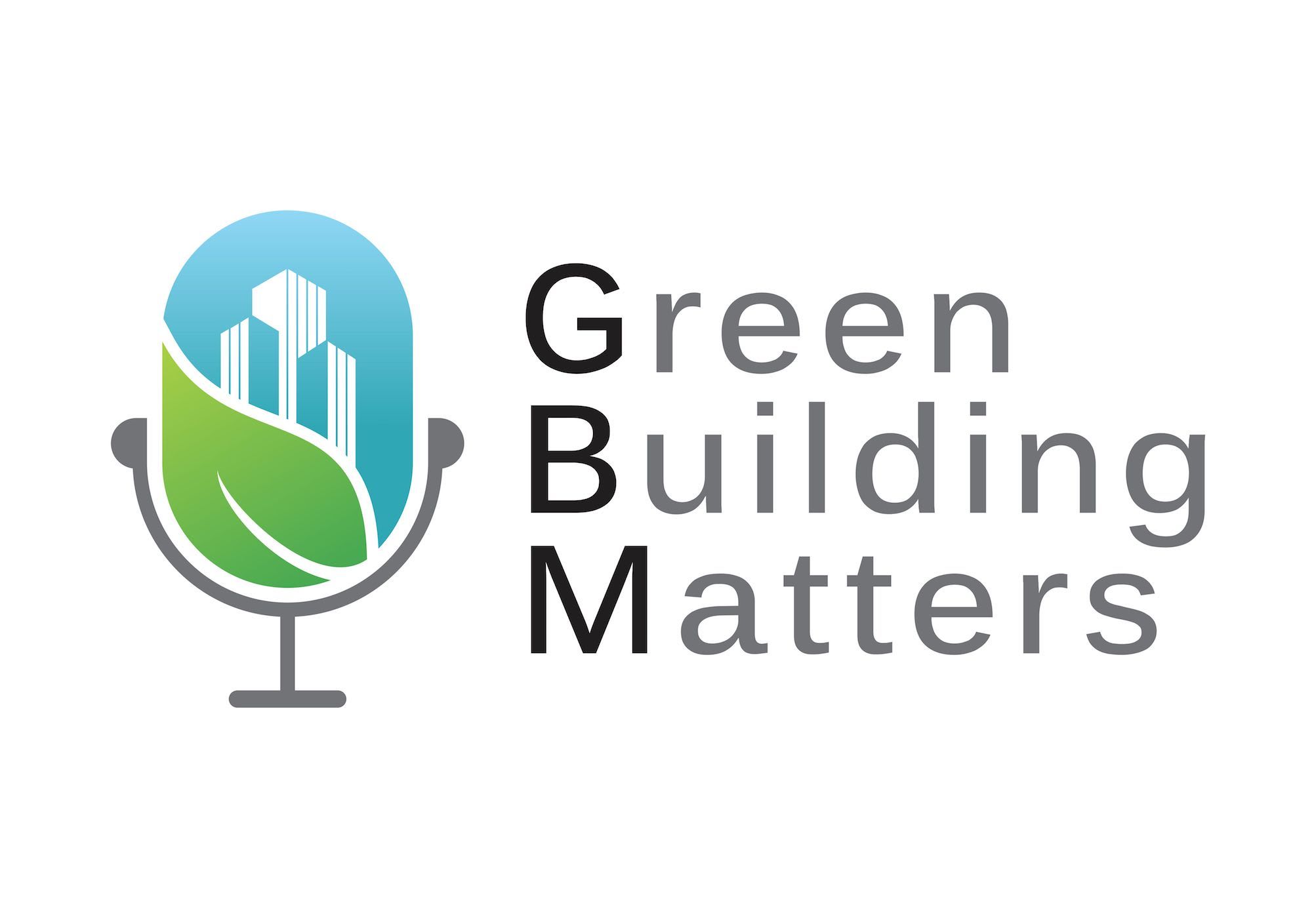 Logo for the Green Building Matters podcast, featuring a microphone icon with a leaf and buildings.